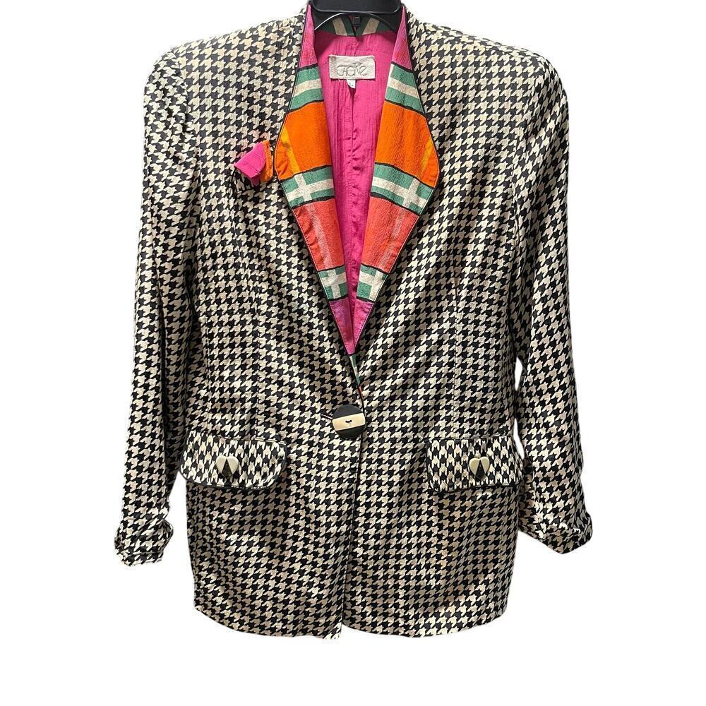 CACHE VINTAGE 80's Retro Houndstooth Women's Blazer Art Deco Size Large